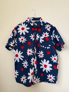 VSTR Premium Men's Navy Floral Short-Sleeve Button-Up Shirt Size XL